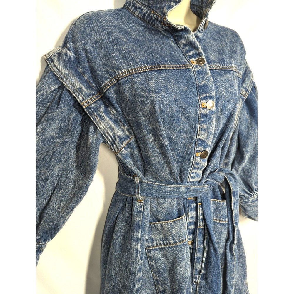 Denim Mini Dress 8 Button Up Self Tie Puff Sleeves Patch Pockets Boho Timeless